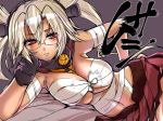  1girl between_breasts blonde_hair breasts chin_rest cleavage dark_skin glasses gloves kantai_collection long_hair looking_at_viewer lying musashi_(kantai_collection) navel on_side parted_lips personification pleated_skirt red_eyes sarashi skirt solo tokita_monta translation_request twintails underboob 