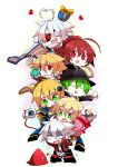  3boys 4girls ahoge blazblue blonde_hair bodysuit box cape celica_a_mercury dakimakura_(object) dead_spike egg eyepatch gift gift_box green_eyes green_hair hazama jin_kisaragi kuro_yuzu lambda-11 multiple_boys multiple_girls noel_vermillion nu-13 pillow ragna_the_bloodedge red_eyes silver_hair 