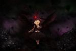  1girl :d arm black_wings blonde_hair blouse bone character_name creepy cross dark darkness evil evil_smile finger_to_mouth glowing gracehoo hair_ribbon open_mouth pile_of_skulls red_eyes ribbon rumia short_hair skeleton skirt skull smile torn_clothes touhou vest weapon wings 