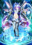  1girl bodysuit breasts dual_persona grin gun highres holographic_interface legs light_particles lightnin mecha_musume mechanical_wings necktie pistol purple_hair smile violet_eyes weapon wings yam2344 