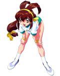  1girl battle_athletes bent_over brown_hair hairband hands_on_knees kanzaki_akari long_hair simple_background solo white_background 