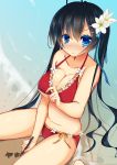  1girl ahoge antenna_hair bikini black_hair blue_eyes blush breasts flower hair_flower hair_ornament hairclip highres kinoko5123 long_hair looking_at_viewer original red_bikini side-tie_bikini sitting solo swimsuit twintails 