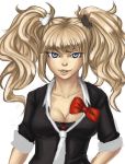  1girl blonde_hair blue_eyes bow breasts bust cleavage dangan_ronpa drawfag enoshima_junko hair_ornament hairclip lips long_hair loose_necktie necktie sleeves_rolled_up solo twintails 