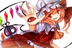  1girl aru16 blonde_hair bow eyelashes eyes fang flandre_scarlet hat hat_bow laevatein red_eyes red_nails solo touhou wings 