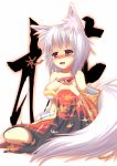  1girl alcohol animal_ears blush breasts cleavage cleavage_cutout drunk happy highres inubashiri_momiji japanese_clothes kimono large_breasts red_eyes sakazuki sake short_hair silver_hair sitting solo tail touhou wolf_ears wolf_tail yukata 