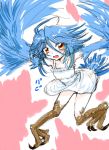  1girl ahoge blue_hair blush dress fang feathered_wings flat_chest monster_girl monster_musume_no_iru_nichijou olsa_(oftintys) papi_(monster_musume) red_eyes solo tail_feathers talons white_dress wings 