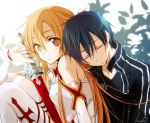  1boy 1girl asuna_(sao) black_hair breastplate brown_eyes brown_hair closed_eyes couple kirito long_hair male short_hair sleeping sword sword_art_online thigh-highs tsukimori_usako weapon yuuki_asuna 