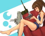  1girl airplane bare_shoulders brown_hair closed_eyes fairy_(kantai_collection) i-401_(kantai_collection) kakileaf kantai_collection one-piece_swimsuit open_mouth personification ponytail sailor_collar school_swimsuit school_uniform short_hair short_ponytail smile submarine swimsuit 