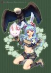  1girl animal_ears bird breasts clover eagle four-leaf_clover highres hunter_(ragnarok_online) kawagoe_pochi kneeling long_hair looking_at_viewer lunatic_(ragnarok_online) midriff navel open_mouth rabbit_ears ragnarok_online red_eyes short_shorts shorts v 