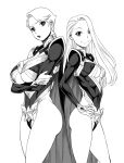  2girls back-to-back breasts cape character_request huge_breasts leotard long_hair monochrome mother_and_daughter multiple_girls short_hair superhero tamaki_nozomu 