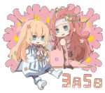  1boy 1girl blonde_hair blue_eyes chibi coat collet_brunel dated floral_background flower headband long_hair no_nose redhead shoes sitting smile tales_of_(series) tales_of_symphonia yakigyouza zelos_wilder 