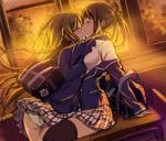  2girls arm_support bag black_legwear blazer blush braid brown_hair character_request classroom closed_eyes highres hug kiss long_hair multiple_girls panties pantyshot pleated_skirt ponytail rough school_bag school_uniform skirt striped striped_panties thighhighs tonee underwear yuri zettai_ryouiki 