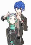  aqua_hair arisato_minato blue_hair bow hair_bow persona persona_3 school_uniform short_hair sutei_(giru) yamagishi_fuuka yuuki_makoto 