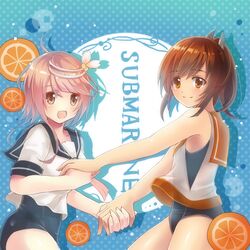  2girls brown_eyes brown_hair hair_ornament i-401_(kantai_collection) i-58_(kantai_collection) kantai_collection long_hair looking_at_viewer multiple_girls open_mouth personification pink_eyes pink_hair ponytail school_swimsuit school_uniform serafuku short_hair smile swimsuit white_s 