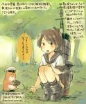  1girl admiral_(kantai_collection) basket brown_eyes brown_hair capybara forest grass kantai_collection kirisawa_juuzou long_hair nature open_mouth personification pleated_skirt school_uniform serafuku shikinami_(kantai_collection) shoes skirt smile sneakers text traditional_media tree 