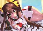  1girl artist_request bare_shoulders blush brown_hair detached_sleeves dress green_eyes hair_ribbon highres huang_lingyin infinite_stratos long_hair lying on_side panda ribbon solo stuffed_animal stuffed_toy twintails 