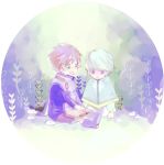  2boys book brown_hair capelet child green_eyes hacho miclio_(tales) multiple_boys shoes shorts sitting slay_(tales) tales_of_(series) tales_of_zestiria violet_eyes white_hair younger 