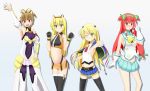  4girls alternate_hairstyle animal_ears bell black_legwear blazblue blazblue:_chronophantasma blonde_hair blush boots breasts brown_hair capelet cosplay costume_switch cow_bell crop_top fake_animal_ears faulds flat_chest green_eyes grin hair_tubes hairband hairpods heart heart-shaped_pupils highleg highleg_panties highres izayoi_(blazblue) long_hair low-tied_long_hair magical_girl makoto_nanaya multiple_girls noel_vermillion panties pantyhose platinum_the_trinity red_eyes redhead sideboob smile squirrel_ears symbol-shaped_pupils thigh_boots thighhighs tsubaki_yayoi underwear waving wink 