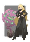  1girl al_bhed_eyes blonde_hair blue_eyes coat daradara_panda full_body fur_trim hair_ornament hair_over_one_eye hands_on_hips high_heels long_coat long_hair long_sleeves looking_at_viewer pants parted_lips pokemon pokemon_(creature) pokemon_(game) pokemon_dppt shirona_(pokemon) smile smirk spiritomb standing twitter_username very_long_hair 