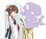  1girl abe_kanari apron bare_shoulders blue_eyes brown_hair cooking detached_sleeves hairband headgear hiei_(kantai_collection) japanese_clothes kantai_collection nontraditional_miko personification plaid pot short_hair skirt spoon waist_apron 