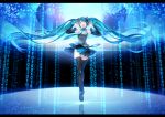  1girl aqua_hair arkray binary boots closed_eyes detached_sleeves floating_hair hands_on_headphones hatsune_miku headphones letterboxed long_hair necktie open_mouth skirt solo thigh-highs thigh_boots twintails very_long_hair vocaloid 