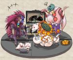  2boys amaterasu bowing chibiterasu full_body long_hair mask multiple_boys oki_(ookami) ookami_(game) squatting television tsukumo ushiwakamaru very_long_hair wii wolf 