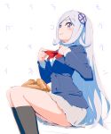  1girl adjusting_bow aila_jyrkiainen akata_itsuki alternate_costume blue_eyes blush gundam gundam_build_fighters hair_ornament long_hair school_uniform silver_hair sitting skirt smile socks solo 