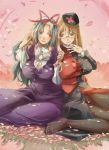  2girls blonde_hair breasts cherry_blossoms cosplay costume_switch glasses grey_eyes grey_hair hair_ribbon large_breasts multiple_girls pantyhose red_eyes ribbon touhou yagokoro_eirin yagokoro_eirin_(cosplay) yakumo_yukari yakumo_yukari_(cosplay) yohane 