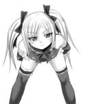  1girl arms_behind_back dead_or_alive dead_or_alive_5 elbow_gloves flat_chest gloves hair_ribbon jitome leaning_forward leotard looking_at_viewer marie_rose monochrome ribbon suzuna_(najaran) thighhighs twintails 