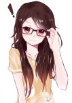  ! 1girl absurdres adjusting_glasses brown_eyes brown_hair collarbone glasses gus_yoga highres long_hair looking_at_viewer original simple_background smile solo t-shirt white_background 