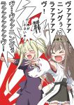  &gt;_&lt; 2girls :d ^_^ ahoge aoki_hagane_no_arpeggio blonde_hair blush brown_hair closed_eyes crossover dress fang feesu_(rinc7600) hairband hand_on_hip kantai_collection kongou_(aoki_hagane_no_arpeggio) kongou_(kantai_collection) long_hair multiple_girls nontraditional_miko open_mouth personification purple_dress skirt smile translation_request twintails xd 