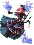  1girl animal_ears bell bow braid cat_ears cat_tail dress earrings fang hair_bow halo jewelry jingle_bell kaenbyou_rin multiple_tails open_mouth outstretched_arm red_eyes redhead short_hair solo tail tkfm touhou twin_braids zombie_fairy 