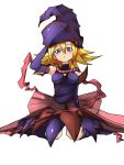  1girl bare_shoulders blonde_hair blush breasts detached_sleeves duel_monster gagaga_girl hat large_breasts long_hair looking_at_viewer red_eyes ribbon sitting solo wizard_hat yuu-gi-ou 
