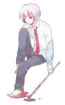  .flow 1boy barefoot blood expressionless full_body kaibutsu lead_pipe lito_(24281122) male necktie red_eyes school_uniform sitting solo white_hair 