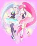  2girls aino_megumi black_legwear blue_eyes blue_hair blue_skirt boots crown cure_lovely cure_princess earrings eye_contact hair_ornament happinesscharge_precure! heart_hair_ornament highres holding_hands jewelry long_hair looking_at_another magical_girl mini_crown multiple_girls pink_background pink_eyes pink_hair pink_skirt precure sakimoto_(sechiamu) shirayuki_hime shoes skirt thigh_boots thighhighs twintails white_legwear wink wrist_cuffs 