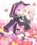  2girls animal_ears blue_eyes boots braid cheek-to-cheek heart hooded_jacket hoodie hug ia_(vocaloid) jimmy long_hair multiple_girls off_shoulder pink_hair purple_hair sitting skirt thigh_strap thighhighs twin_braids twintails violet_eyes vocaloid wariza wink yuzuki_yukari 