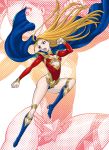  1girl boots breasts cape center_opening character_request cleavage cleavage_cutout flying_kick kicking knee_boots leotard long_hair solo superhero tamaki_nozomu zoom_layer 