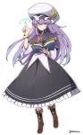  1girl alternate_costume ascot blue_eyes book boots bracelet capelet crescent hat highres jewelry long_hair looking_at_viewer patchouli_knowledge purple_hair reading shirt simple_background skirt smile solo touhou very_long_hair white_background yutamaro 