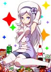  1girl aila_jyrkiainen arm_up armpits bare_shoulders beret between_breasts blue_eyes blush boots bottle breasts chips elbow_gloves food gloves gundam gundam_build_fighters hat long_hair looking_at_viewer noodles pantyhose ramen shirono silver_hair sitting soda solo thigh-highs thigh_boots wariza 