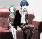  aqua_hair arisato_minato blue_hair blush couch couple hetero holding_hands persona persona_3 school_uniform short_hair sitting sutei_(giru) yamagishi_fuuka yuuki_makoto 