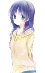  1girl aqua_eyes blue_hair hiradaira_chisaki long_hair nagi_no_asukara solo standing sweater white_background yukinohana 