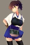  1girl akabuchi_glasses black_legwear blush breasts brown_eyes brown_hair hand_on_hip highres japanese_clothes kaga_(kantai_collection) kantai_collection muneate personification short_hair side_ponytail skirt solo thighhighs 