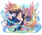  1girl archangel_metatron_(p&amp;d) bare_shoulders blue_eyes breasts cleavage funamushi_(funa) large_breasts long_hair looking_at_viewer multiple_wings pen pink_hair puzzle_&amp;_dragons solo wings 