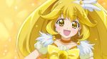  1girl blonde_hair blush choker cure_peace dress earrings eyelashes hair_ornament happy highres jewelry kise_yayoi long_hair looking_at_viewer magical_girl open_mouth ponytail precure ribbon road_(artist) smile smile_precure! solo sparkle yellow yellow_background yellow_dress yellow_eyes 