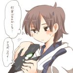  1girl black_eyes blush brown_hair glowing glowing_eyes green_eyes holding kaga_(kantai_collection) kantai_collection lowres petting rebecca_(keinelove) shinkaisei-kan short_hair side_ponytail sweat translation_request 