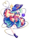  1girl ;d eyeball flower green_eyes green_hair hat hat_ribbon heart heart_of_string komeiji_koishi open_mouth ribbon rose short_hair silver_hair skirt smile solo third_eye tkfm touhou wink 