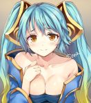  1girl aqua_hair bare_shoulders blonde_hair blush breasts brown_eyes character_name cleavage gradient_hair hand_on_own_chest league_of_legends looking_at_viewer momoko_(momopoco) multicolored_hair portrait solo sona_buvelle twintails 