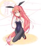  1girl animal_ears black_legwear bowtie breasts bunny_hair_ornament bunnysuit crescent_hair_ornament detached_collar fake_animal_ears gloves hair_ornament highres kantai_collection kneeling langley1000 leotard long_hair pantyhose personification rabbit_ears red_eyes redhead shoes short_hair smile sneakers solo uzuki_(kantai_collection) wrist_cuffs 
