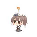  1girl ? black_eyes blush box brown_hair case chibi gift gift_box kaga_(kantai_collection) kantai_collection lowres mail object_on_head paper rebecca_(keinelove) ribbon short_hair side_ponytail sitting 