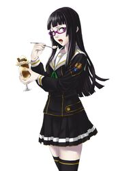  1girl black_hair brown_eyes chiaki_kurihara eating food glasses highres hime_cut ice_cream long_hair miniskirt_pirates open_mouth school_uniform simple_background skirt solo spoon thighhighs zanpan526 zettai_ryouiki 